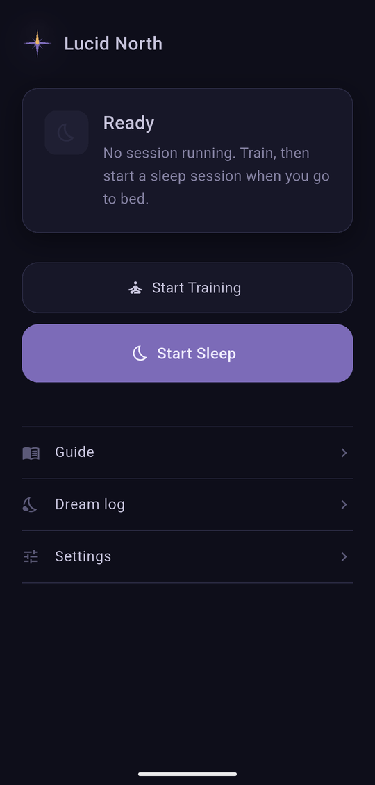 Lucid North — home screen: start training, then start a sleep session; guide, dream log and settings below